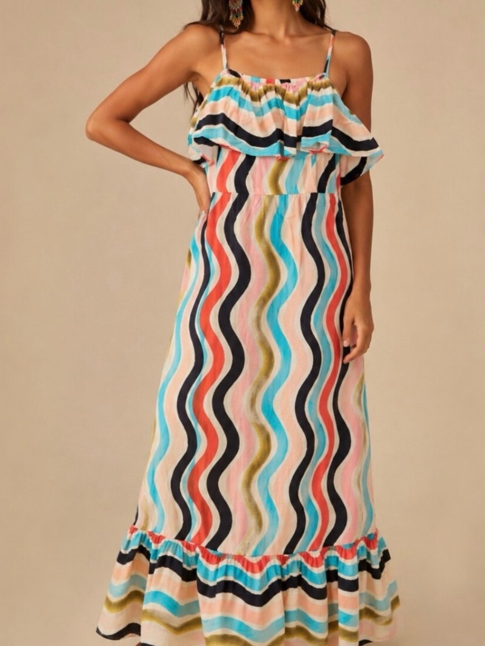 Farm Rio X Anthropologie Sleeveless Ruffle Maxi Dress Wavy Stripe Multicolor